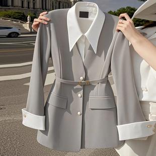 2025 Early Autumn Small Fragrant Black Fake Two-Piece Suit Jacket Women's Niche Korean Style Waist-Cinching Small Suit