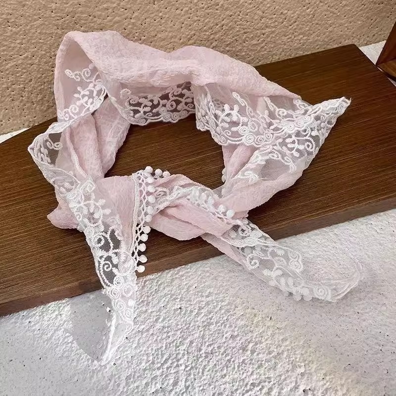 Adorable girl French lace triangle scarf pure white stylish retro decorative headscarf hair tie for women, with bow and fringe