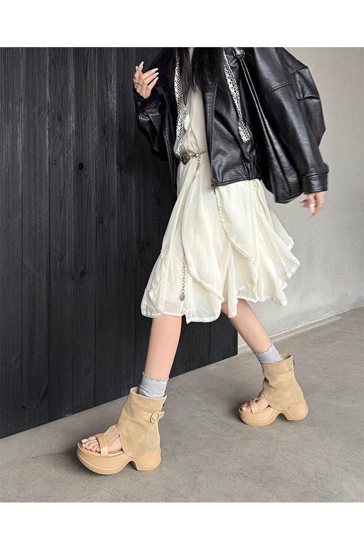 Boot sandal hở mũi gót vuông đế dày da lộn khóa kéo sau — Màu caramel, màu mơ chi tiết 18