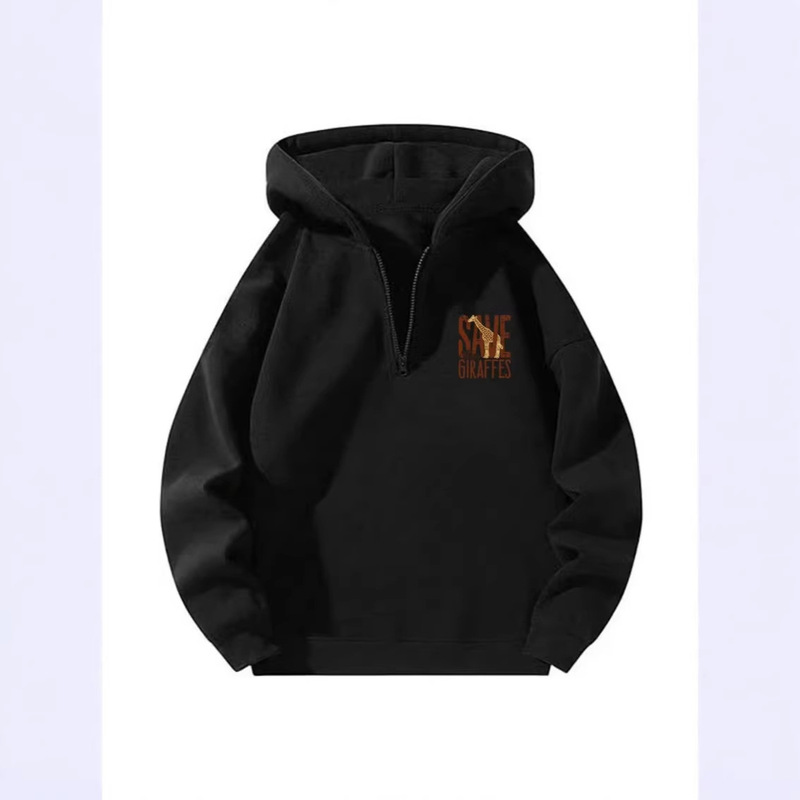Black Unisex Retro Letter Sweatshirt with Fashionable Letter Print and Quarter-Zip Fleece Sweatshirt