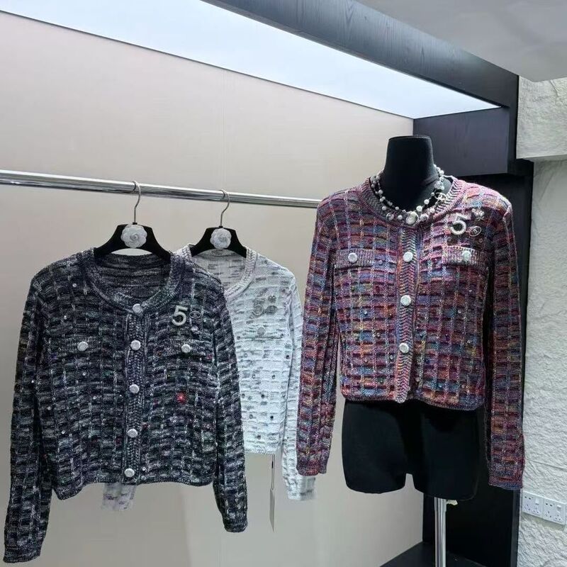 26 High-End Chanel-Style Rainbow Plaid Knit Cardigans, Elegant Tweed Slim-Fit Short Coats for Autumn and Winter