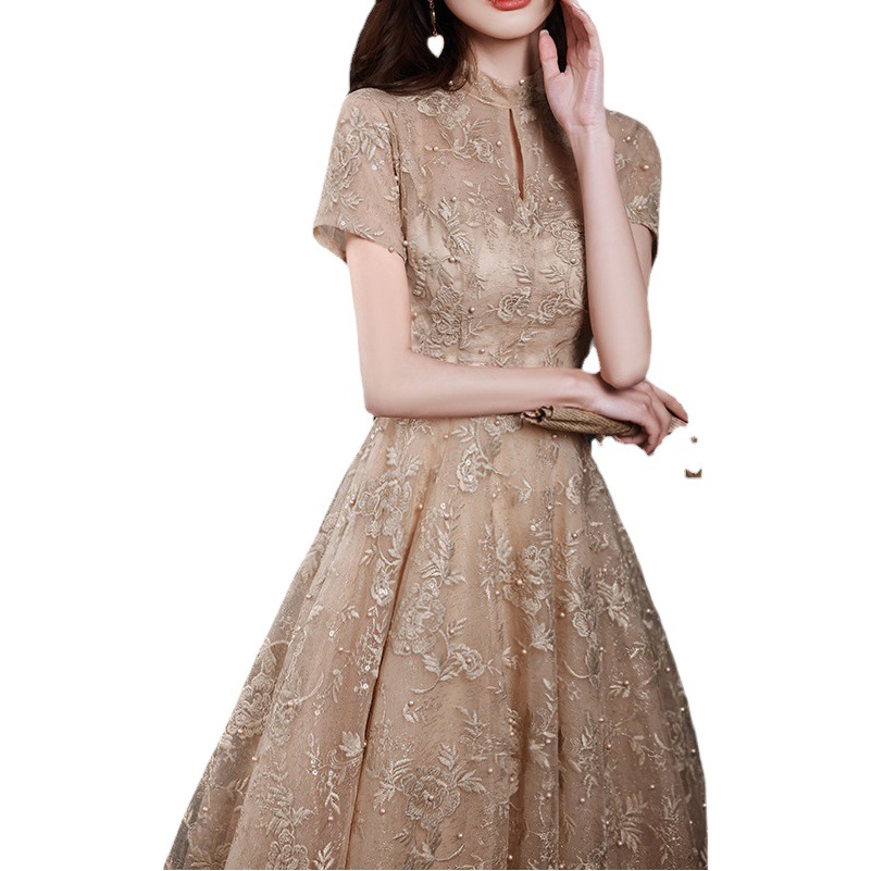Champagne banquete vestido de noche nuevo verano transfronterizo temperamento de hadas arte examen rendimiento vestido Reunión Anual vestido anfitrión