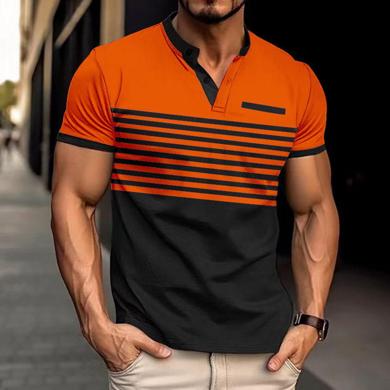 Camiseta POLO casual de los nuevos hombres transfronterizos de Amazon, bolsillo en el pecho, cuello en V, botones, rayas, color a juego, camiseta versátil