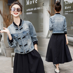 plus size short Denim coat women's spring and autumn retro buckle top 2025 new stitching design national style jacket