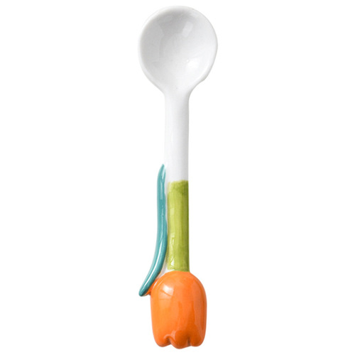 Korean style ins girly heart cute three-dimensional flower hand-painted tulip ceramic spoon long handle mixing spoon coffee spoon