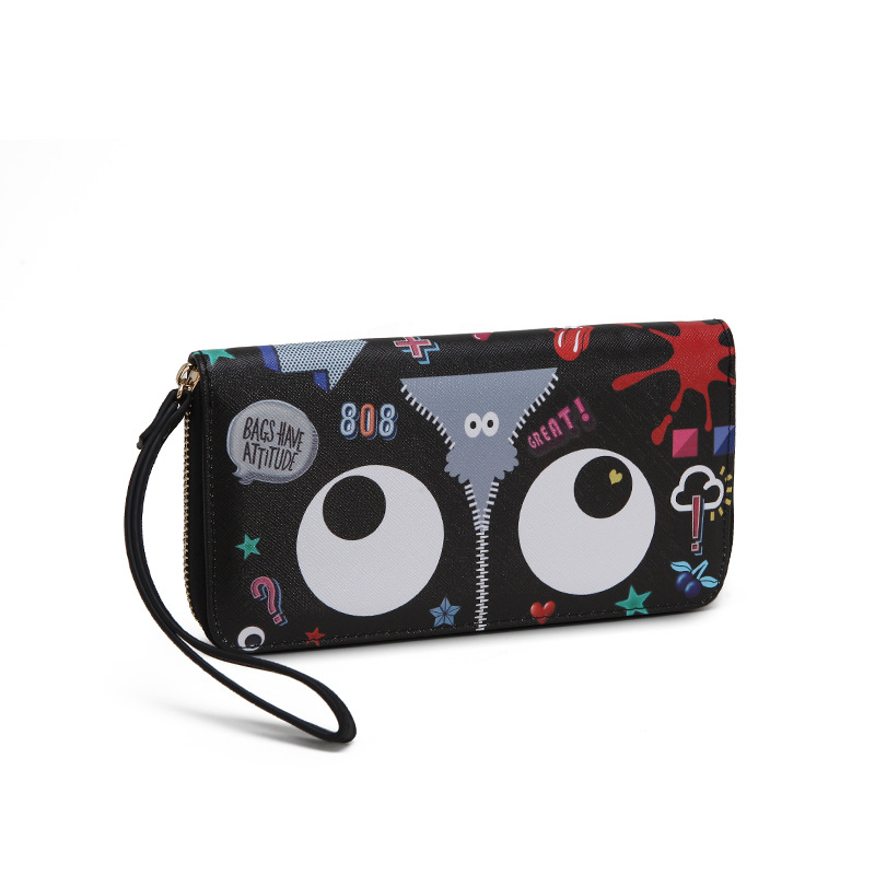 Ojos grandes largo embrague cremallera compartimento de las mujeres monedero titular la tarjeta ID bolsa