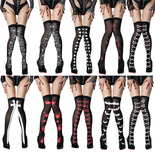 Halloween Socks with Stripes, Cross-border New Product Polyester Knee-high Socks, Christmas Colorful Print Skull Head Long Socks, In Stock