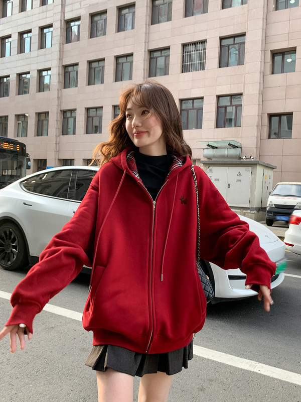 你好卡农 毛巾绣加绒连帽卫衣外套女秋冬新款宽松显瘦小个子上衣|undefined