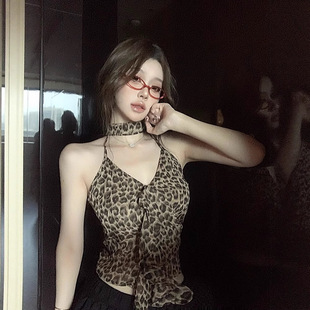 American Hot Girl Leopard Print Backless Halterneck Camisole Women's Summer Tight-Fitting Inner Short Outer Sexy Top