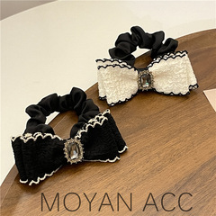 Elegant and Sweet Little Chanel Style Bubble Gum Water Diamond Heart Butterfly Knot Hair Ring Korean Version Versatile Black and White Edge Hair Accessory