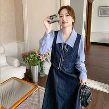 衬衫拼接假两件牛仔连衣裙女2025春季新款韩系气质收腰显瘦A字裙