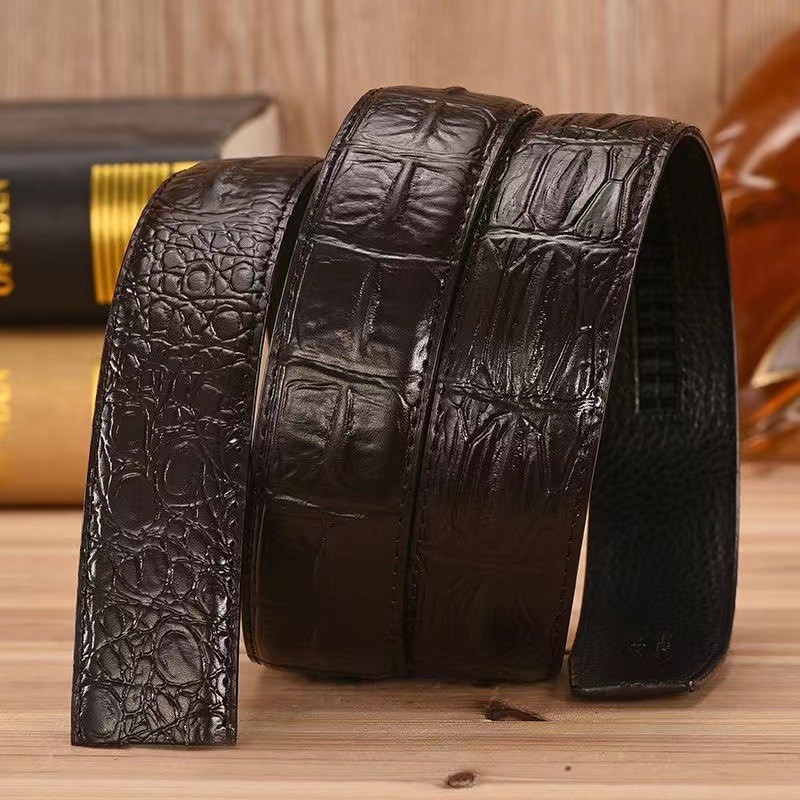 Piper Erkek Yeni Kafasız Kemer, Pürüzsüz Tokalı Sığır Derisi Timsah Desenli Kemer ve Delikli Saf Kemer_voghion.com