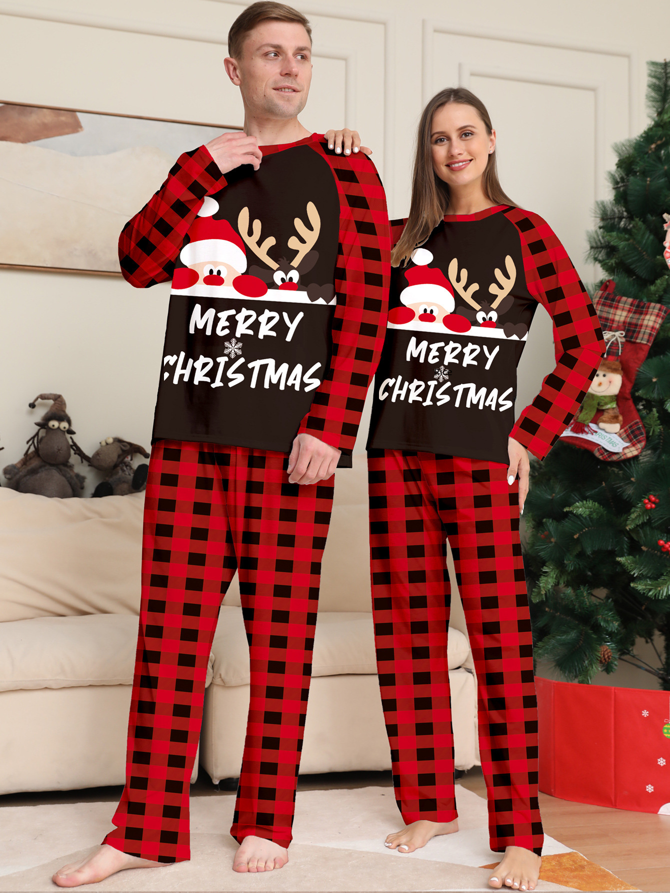 Amazon Autumn New Cute Letter Printing Christmas Parent-child Suit Foreign Trade Europe and the United States Plaid Home Clothes Pajamas