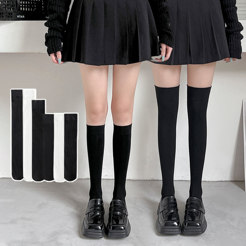 Solid color JK calf socks, ruffled mouth, non-slip, autumn and winter pit striped over-the-knee socks, Japanese style simple pressure pile mid-length socks