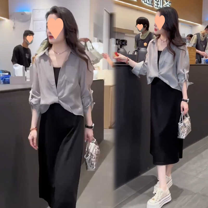 秋の女性服の完全なセット 2025 新しいファッションデザイン長袖シャツサスペンダードレス 2 枚|undefined