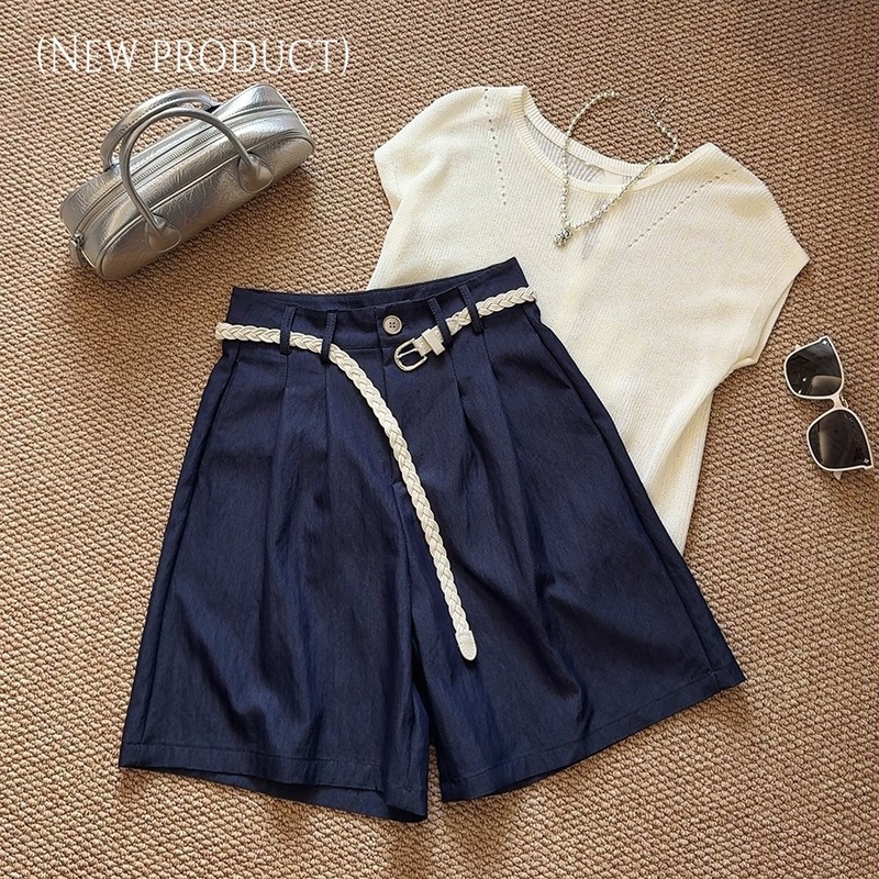 Free Belt~Tencel Denim Shorts A-Line Wide-Leg Thin High-Waist Casual Pants Urban Elegant Slim Straight Mid-Pants