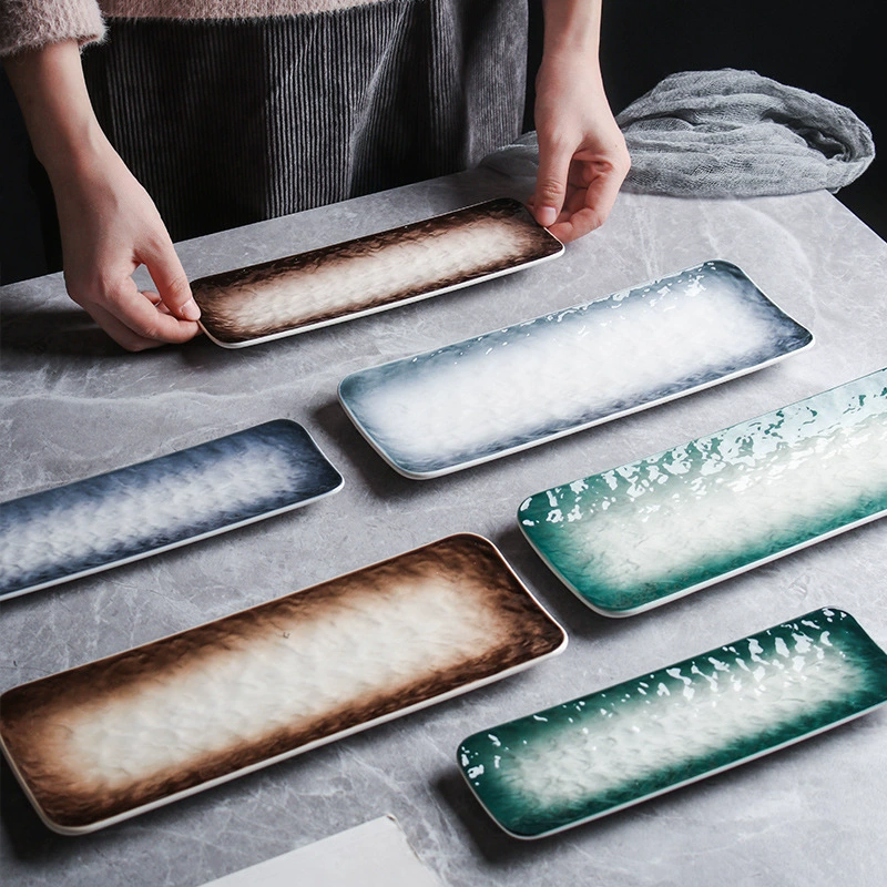 Japanese long-style ceramic sushi plate, rectangular sashimi dipping dish, stone-gradient glaze, multiple sizes