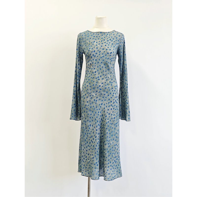Spring and Summer Mulberry Silk Dress for Women, Summer High-End Indigo Mulberry Silk Printed Bias-Cut Round Neck Bell Sleeve Skirt