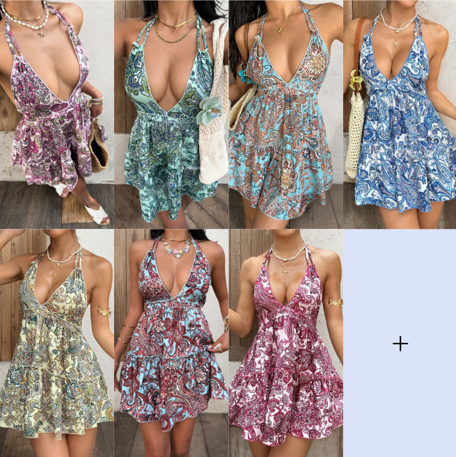 Cross-Border Amazon Summer Women's Clothing Bohemian Style Vacation Sexy Backless Strap Dress