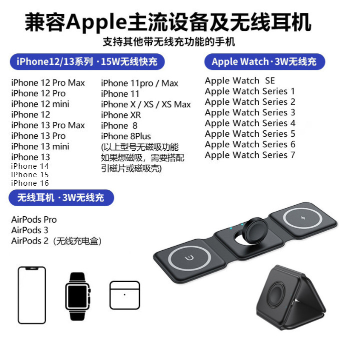 折叠式三合一磁吸无线充电器适用苹果手机耳机手表无线充磁吸支架|undefined