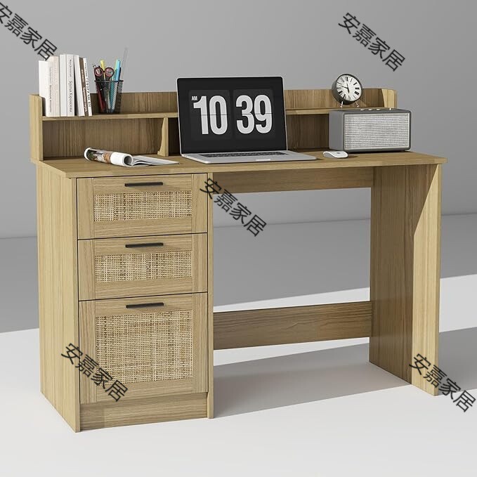Computer Desk with Rattan Drawers and Cabinets Home Office Bohemian Writing Desk