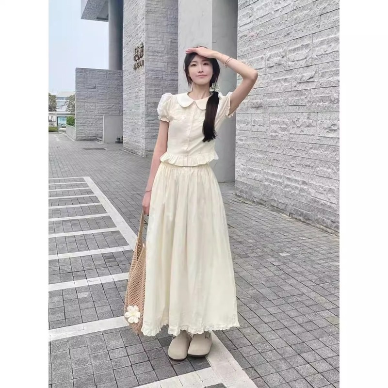 Summer College Style Gentle and Sweet Doll Collar Shirt Top Women's French High-Waisted Skirt Slimming Suit Summer College Style Gentle and Sweet Doll Collar Shirt Top Women's French High-Waisted Skirt Slimming Suit