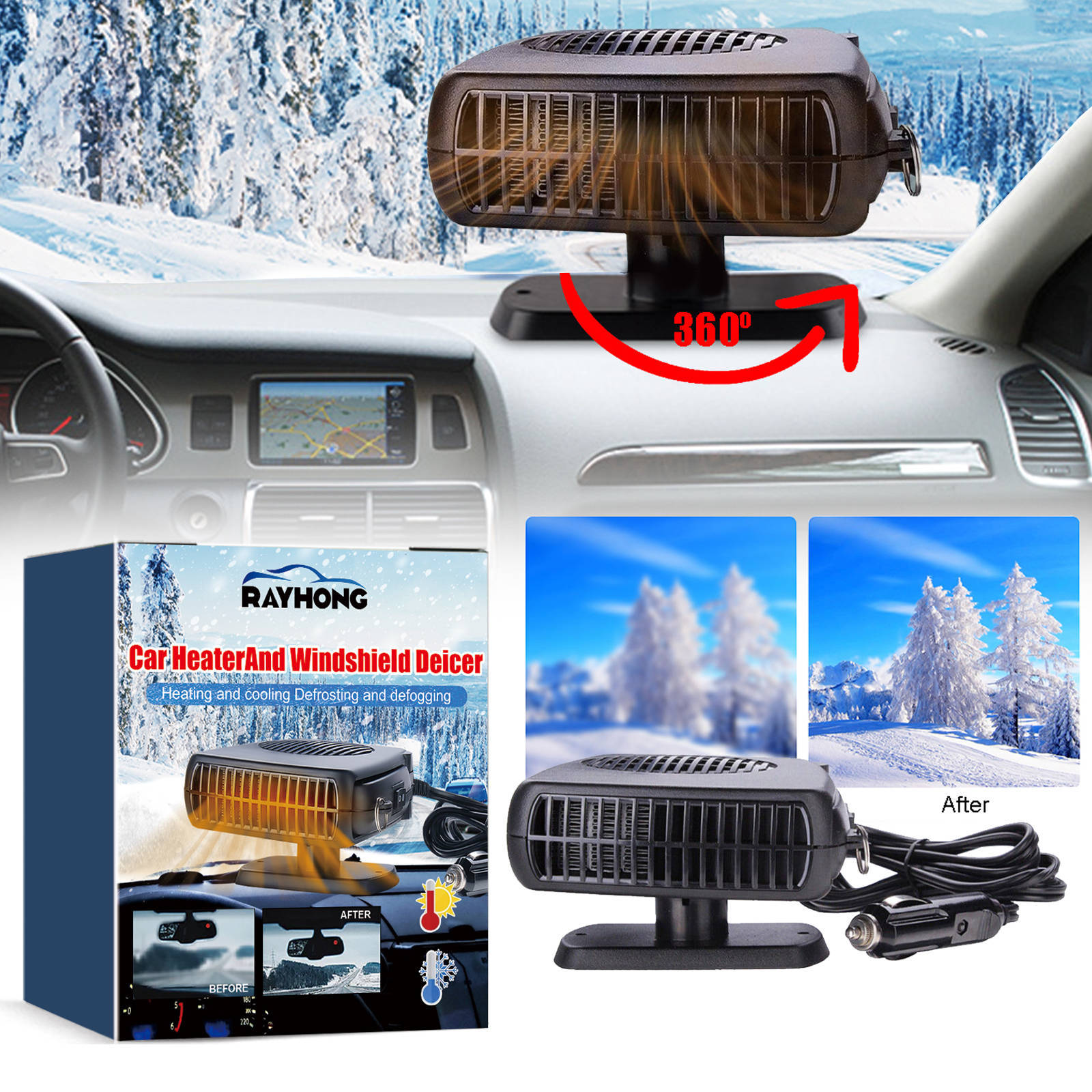 rayhong车载暖风机 车用冷暖风多功能取暖器除霜化雪冬季除雾器