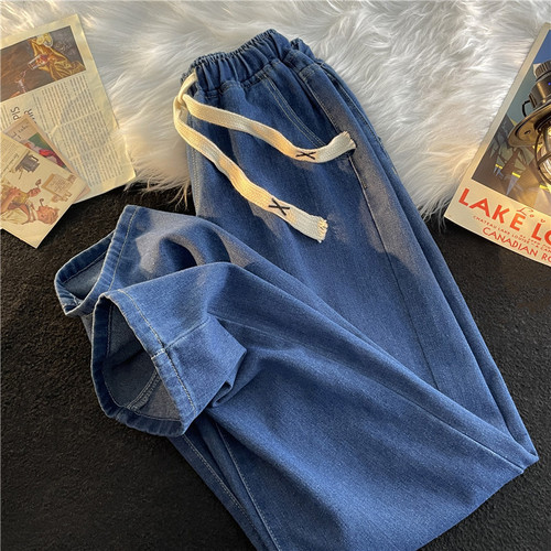 Relaxed-fit waist denim jeans for men - Spring and Summer wide-leg floor-length pants for men - Fashion loose straight-leg wide-leg blue long pants