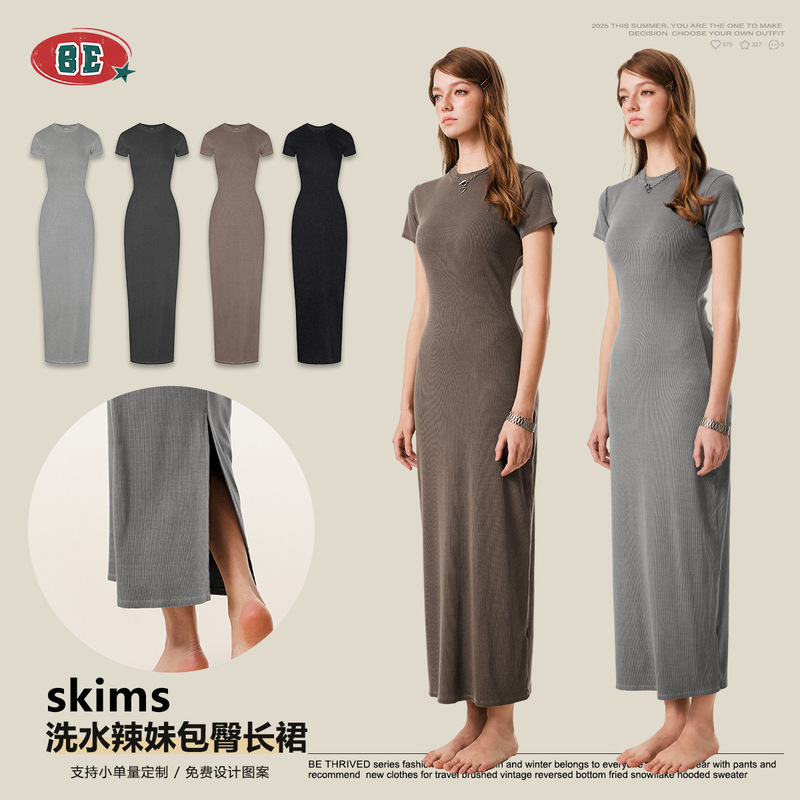 Be Women's Clothing 2025 Summer European and American Style Washed Vintage Short-Sleeve Long Dress Slim Fit Bodycon Dress Slimming Slit Dress for Women Be Women's Clothing 2025 Summer European and American Style Washed Vintage Short-Sleeve Long Dress Slim Fit Bodycon Dress Slimming Slit Dress for Women