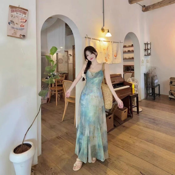 French Style Mermaid Princess Summer Elegant Fish Tail Simi Strap Waist New Seaside dress Holiday Dress