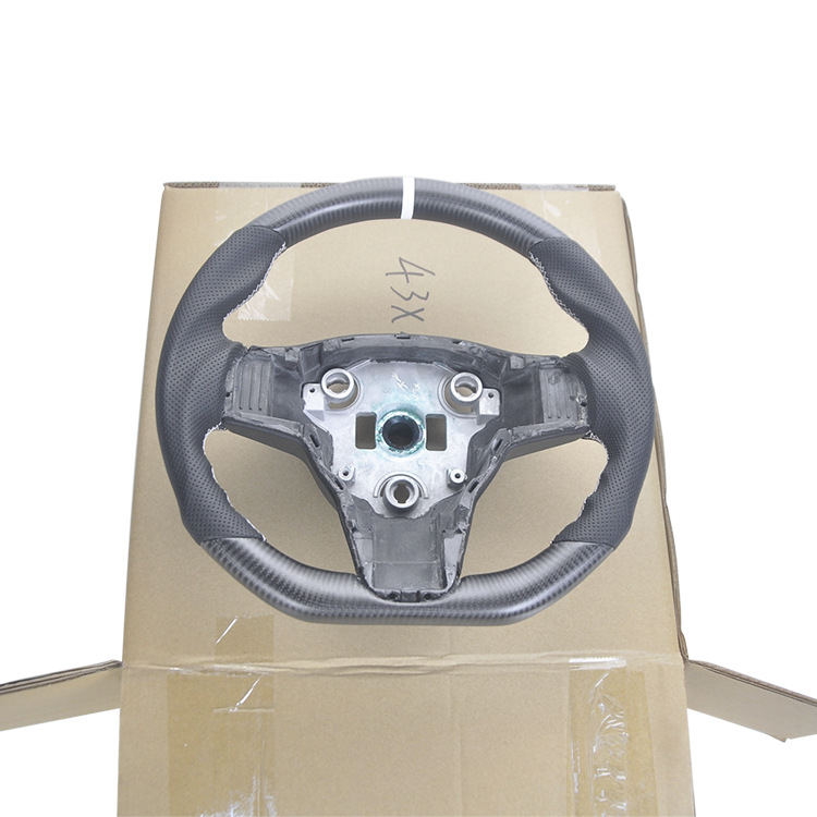 100% Real Carbon Fiber Matte Steering Wheel with Black Perforated Leather and White Stitching and White Logo - For Tesla Model Y - Modification