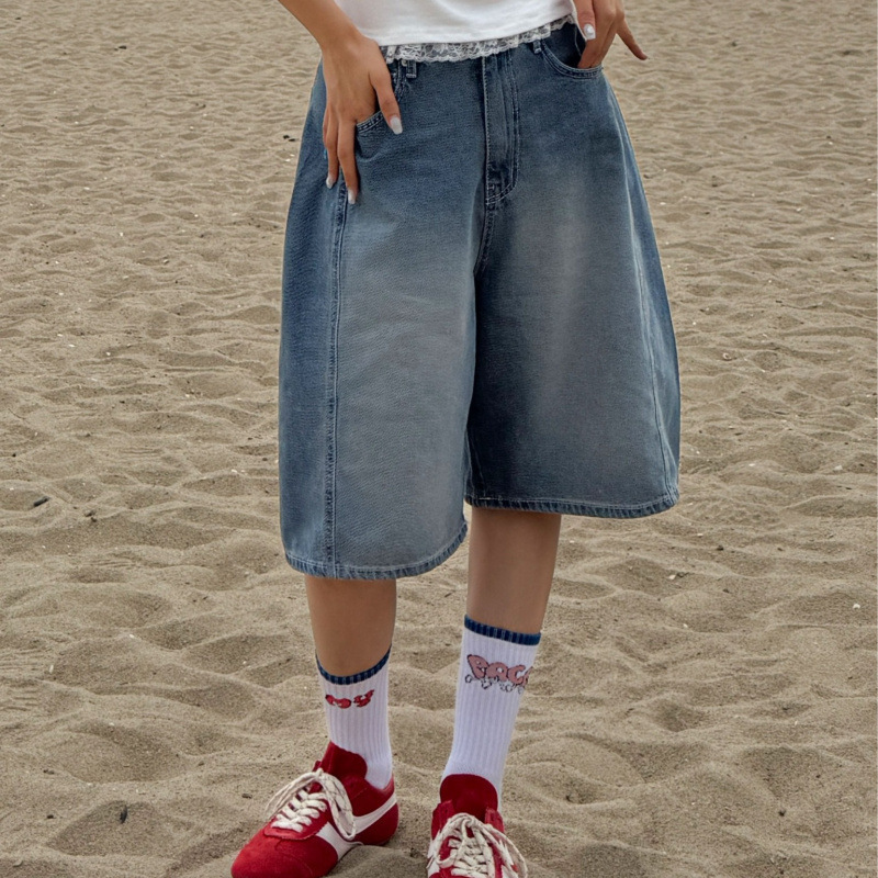 Korean Chic Retro Boyfriend Style Handsome Loose Versatile Slimming Wide-Leg Denim Mid-Length Shorts for Women