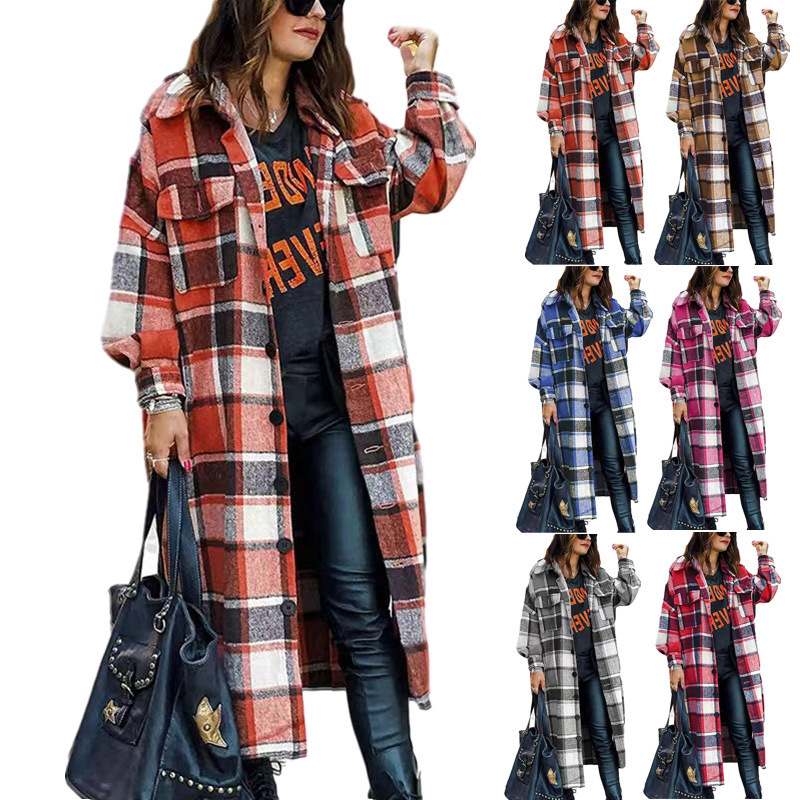 Abrigo Largo de Lana a Cuadros para Mujer, Corte Holgado, para Otoño e Invierno