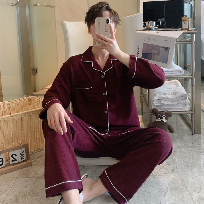 Pijama masculino primavera / otoño / invierno manga larga estilo coreano simple waffle juventud de mediana edad suelta hombre conjunto de ropa de hogar