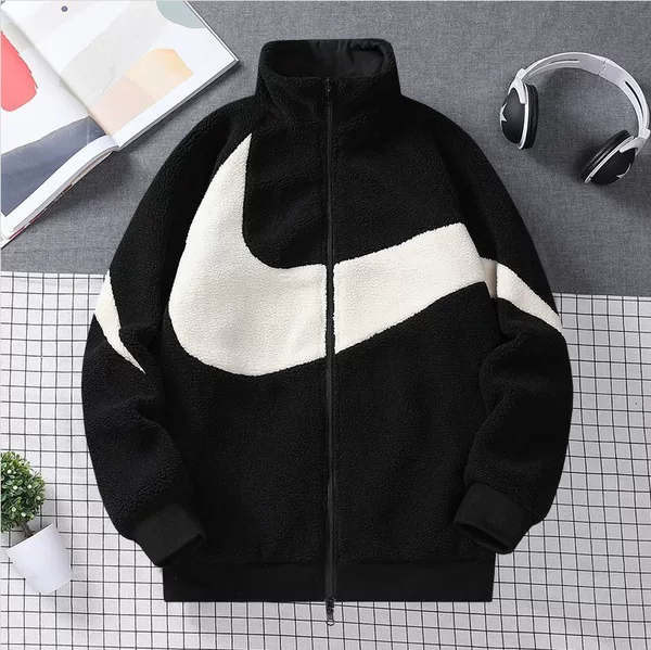 26 Winter Coat for Men and Women, Double-Sided Jacket, Lamb Wool, Couple's Stand-Up Collar, Reversible Sports Cotton Coat with Embroidered Logo