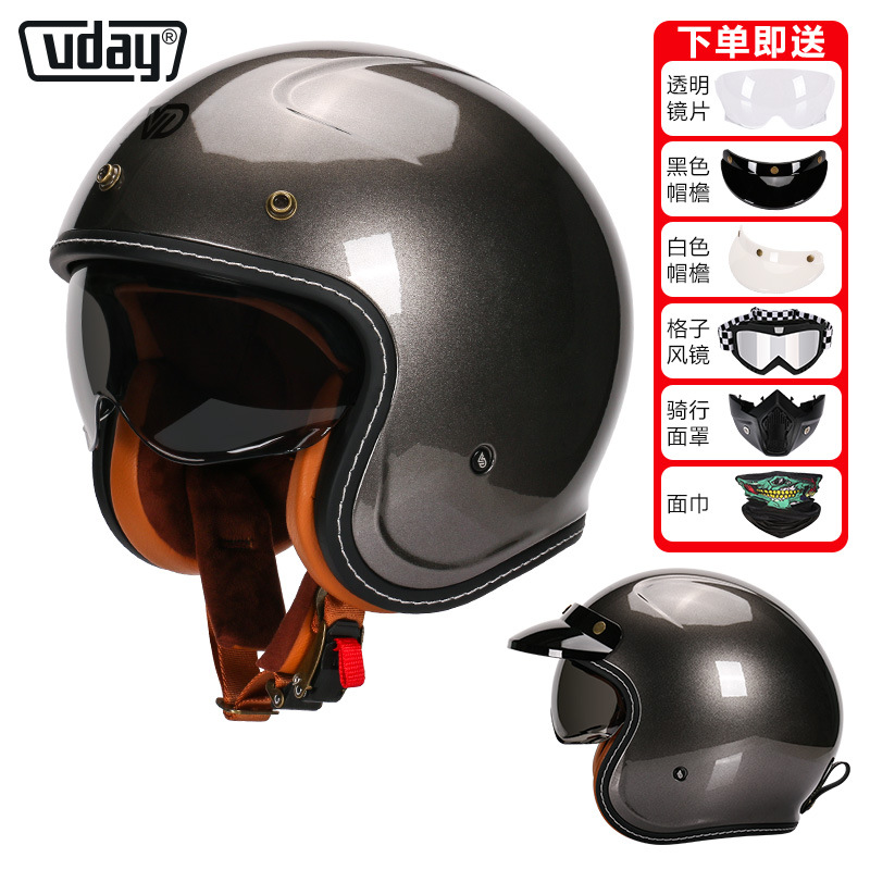 Helmet Retro Cruiser | Motuoche Motosiklet kaskı (dəbilqə) - va-1-gloss-metallic-gray-gift-lensbrimblack-gogglesmaskscarf-m-head-circumference-53-54cm
