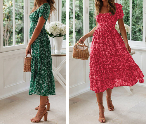 Summer New Arrival Best Selling Floral Print Women's Long-Sleeve Square Neck Bubble Sleeve High-Waist Chiffon Dress