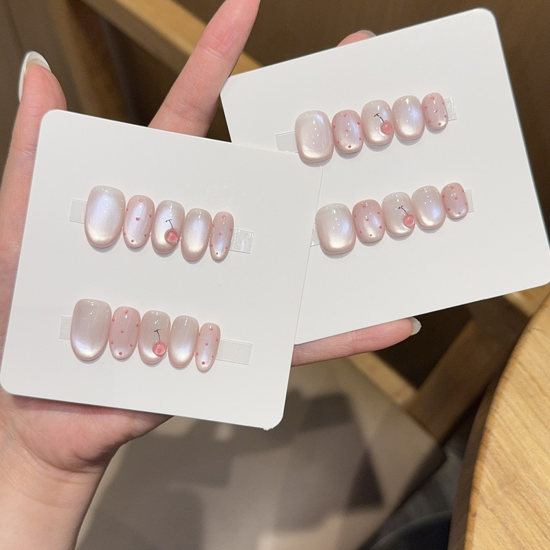 Qianfan【Ice Sweet Cherry】Ins Sweet Girl Cat-Eye High-End Handmade Wearable Nail Art Stickers Fake Nails
