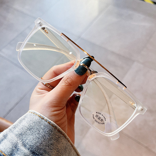 New large square frame anti-blue light glasses tr retro wood grain double beam flat frame Korean style personalized myopia eye frame