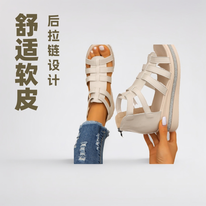 여성화 2025년 신상 여름 여성용 수입 소프트 가죽 웨지힐 라인스톤 뒷지퍼 로마 스타일 두꺼운 밑창 샌들 웨지힐 샌들