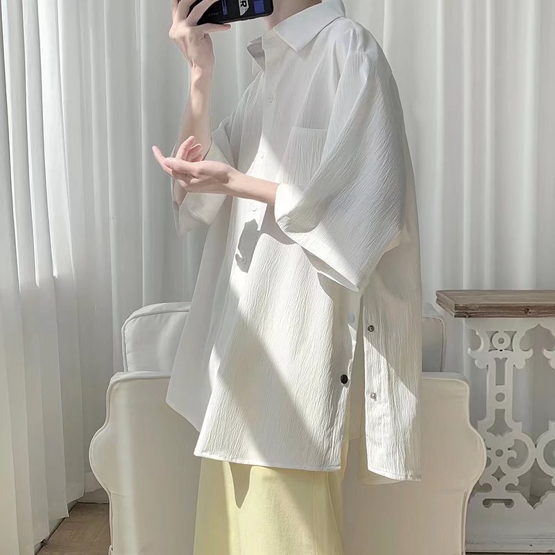 Button Pleated Ice Silk Shirt Men's Short-Sleeved Summer Thin Ins Trendy Handsome Hong Kong Style Loose Large Size Casual Shirt