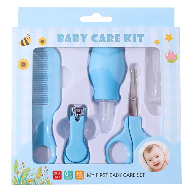 Traje de limpieza para bebés transfronterizo dispositivo de succión nasal para bebés dedo cepillo de dientes tijeras de seguridad cortauñas peine pequeño conjunto de 5 piezas