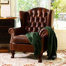 美式椅样板房做旧蜡油皮棕色会所单人沙发酒店客厅老虎复古高背椅