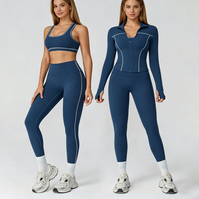 Cross-border color-blocking brushed yoga set with zipper, slim-fit yoga fitness wear, casual running sports three-piece set 2036