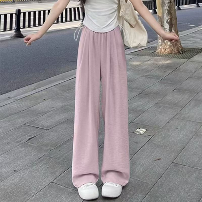 夏季薄款小个子女无托腹宽松夏款奶芙休闲长裤子外穿裤阔腿裤粉色|undefined