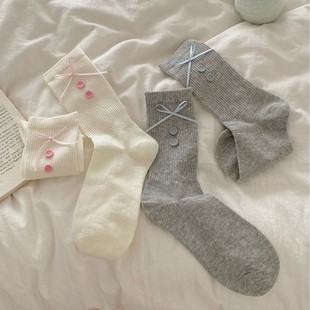 Ins blogger with gray blue socks sweet bow color buttons Korean style pile college style socks