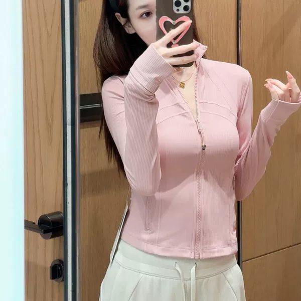 Lulu Style Ribbed Stand Collar Long Sleeve Women's Versatile Tight-Fitting Sports Short Top Fitness Jacket Yoga Wear