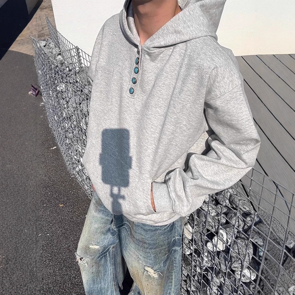 Retro Turquoise Hoodie For Men With Buttons And Hood_voghion.com