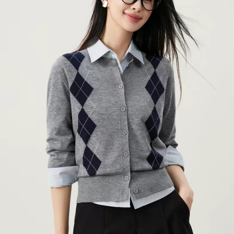 Time Notes Miu Series Color-Blocked Diamond Pattern Intarsia Knit Cardigan, College Style Machine-Washable Wool Crew Neck Top