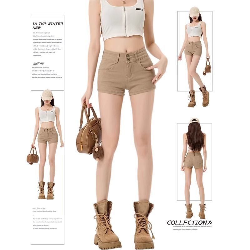 Petite Spicy Girl Retro Khaki Denim Shorts for Women 2025 New Summer Slim Fit Hip-Hugging Hot Pants Petite Spicy Girl Retro Khaki Denim Shorts for Women 2025 New Summer Slim Fit Hip-Hugging Hot Pants